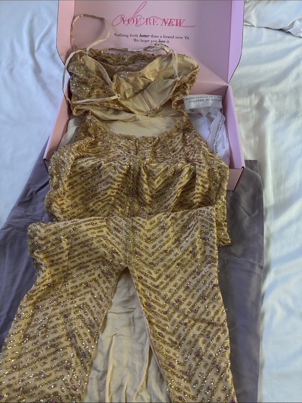 Gold Glitter Dress with purple rhinestones- Brand: Oh Polly. Used once - Picture 2 of 5